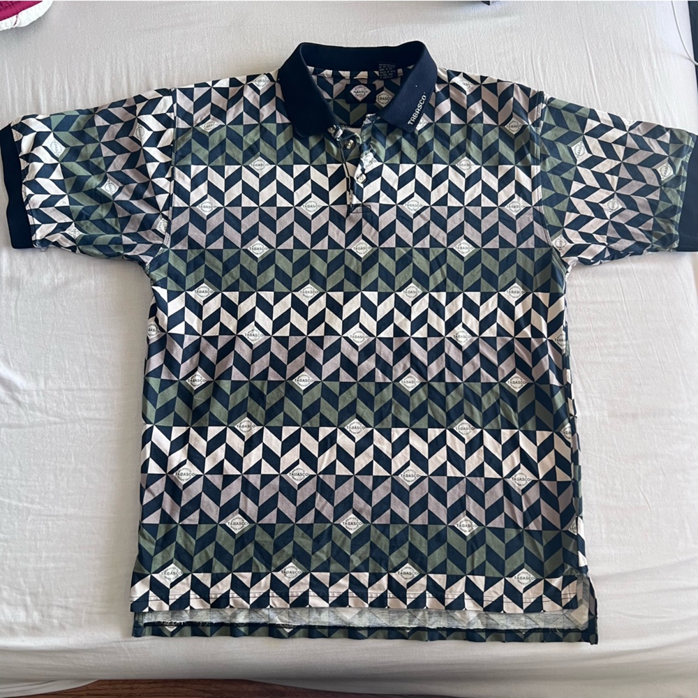 Vintage Tabasco Golf Polo Shirt Mens XL Logo All Over Print Short Sleeve